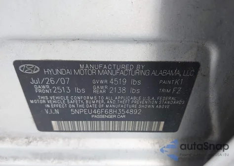 2008 Hyundai Sonata Limited V6/Se V6 из США, поврежденный, VIN 5NPEU46F68H354892